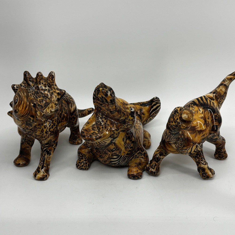 3 Vtg La Vie Safari Patchwork Ceramic Figurines  TriceratopsCrocodile Dinosaur